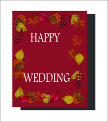 A set of purple cards with yellow, red and orange autumn leaves. Birthday, thanks, wedding. Isolated objects. Vector illustration.