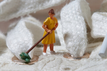 Miniature woman cleans with a mop the laces of a white shoe