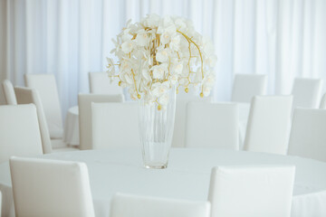 Empty restaurant luxury interior background. Empty chair and table inside room photo. White restaurant interior.