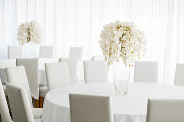 Empty restaurant luxury interior background. Empty chair and table inside room photo. White restaurant interior.