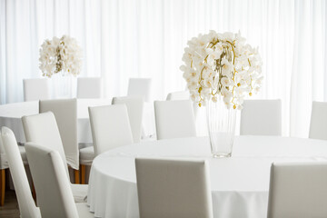 Empty restaurant luxury interior background. Empty chair and table inside room photo. White restaurant interior.