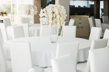 Empty restaurant luxury interior background. Empty chair and table inside room photo. White restaurant interior.