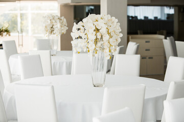 Empty restaurant luxury interior background. Empty chair and table inside room photo. White restaurant interior.