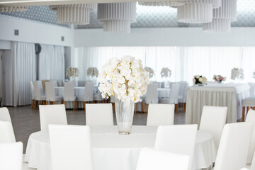 Empty restaurant luxury interior background. Empty chair and table inside room photo. White restaurant interior.