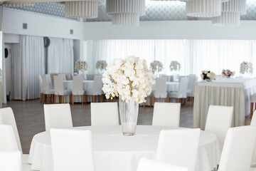 Empty restaurant luxury interior background. Empty chair and table inside room photo. White restaurant interior.