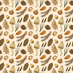 Seamless pattern with watercolor forest poisonous mushroom, fungus, pine cones, leaves, chestnut, acorn. Hand drawn background for Halloween design, autumn print, wrapping paper, textile, scrapbooking