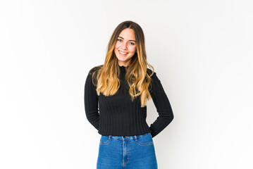 Young caucasian woman isolated on white background happy, smiling and cheerful.