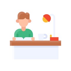 free time related boy study with table, tea cup and light vector in flat style,
