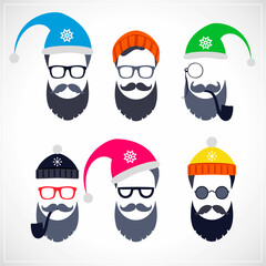 Vector set of faces with Santa hats, mustache and beards. Various doodles Christmas Santa design elements. Holiday icons