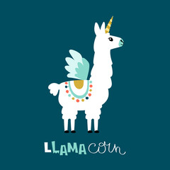 Cute unicorn llama (alpaca). Vector illustration.