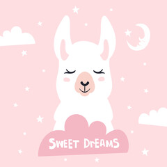 Sweet dreams quote with doodles. Cute cartoon llama vector design