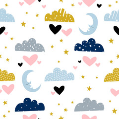 Obraz premium Seamless moon and clouds pattern vector illustration