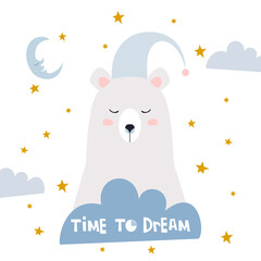 Sweet dreams quote with doodles. Cute cartoon bear vector design