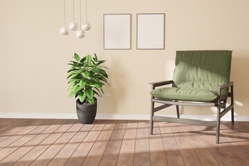 modern room with armchair,lamp and plants interior design. 3D illustration