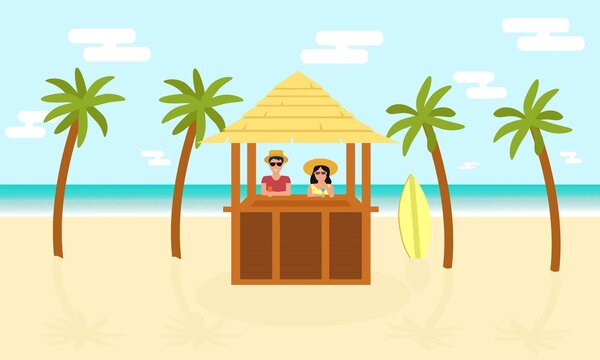 Man and a woman in a summer bar on the beach. Vacation at the resort. Flat. Vector illustration.