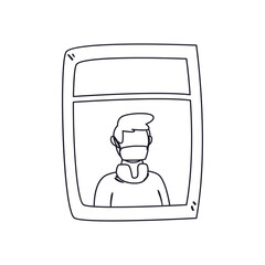 Man with medical mask at window line style icon vector design