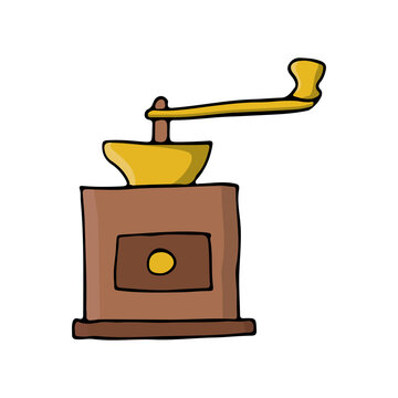 Illustration of classic coffee grinder in woden case. Colorful coffee grinder icon in vector. Coffee grinder illustration in vector.