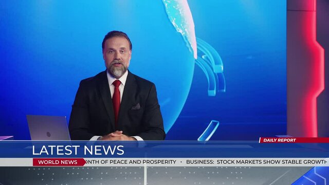 Live News Studio with Charismatic Male Newscaster Having Fun. Talk Show Host Telling Joke and Laughing. TV Broadcasting Channel with Presenter, Anchor. Mock-up Television Channel Newsroom with Ticker