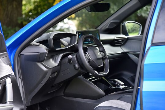 Peugeot e208. Electric car in the park. Interior - dashboard. 09-11-2020, Prague, Czech Republic.