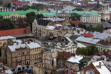 Obraz premium View of historical old city district of Lviv, Ukraine. Old buildings and courtyards in historic Lviv