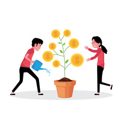 A cartoon showing business growth feature man and woman watering a money tree