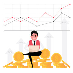 A cartoon showing business growth feature a man work on computer with a background of money and statistic graph