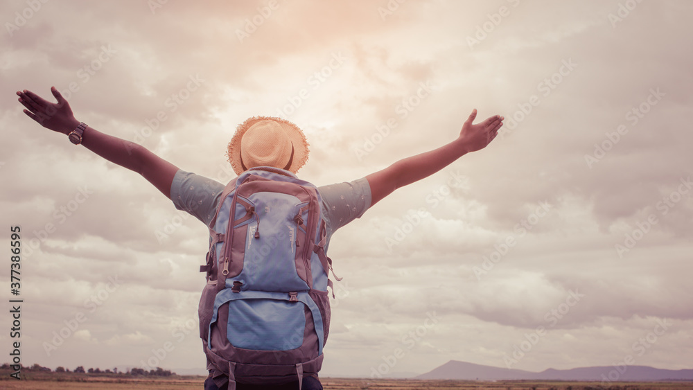 Canvas Prints Freedom African traveler man standing with backpack.16:9 style