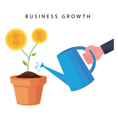 A cartoon showing business growth feature people watering a money tree