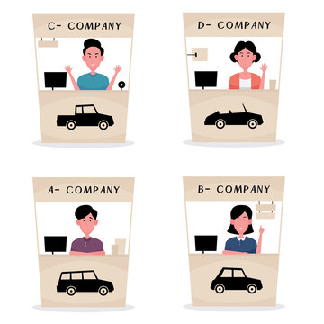 A cartoon showing car rental business feature a picture set of dealer sitting at the counter 
