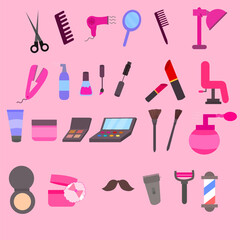 Set of cosmetics.Collection of barbershop vector.Hair salon and beauty flat icons.