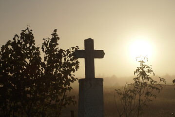 concrete grave, concrete grave in a foggy morning
