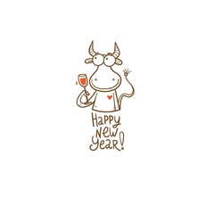New Year card with a bull. Chinese calendar symbol. Vector holiday poster. Funny animal.