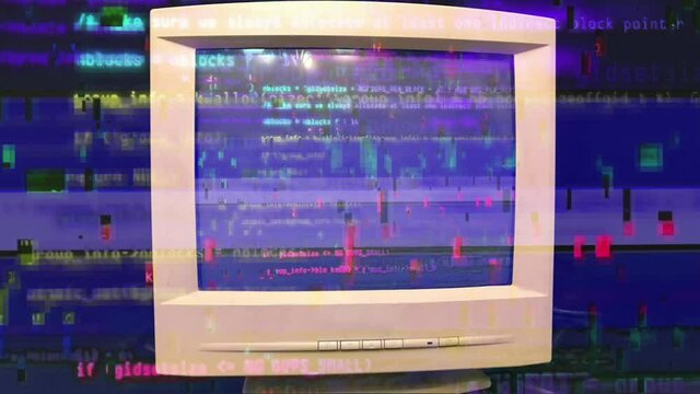 Hacking a vintage old vintage TV or computer monitor screen 80s 90s style. Glitches on screen monitor. Abstract source code data flow. Purple and blue text. screen noise. VHS style. Old kinescope