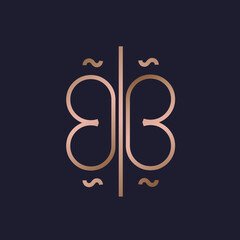BB monogram logo.Typographic decorative icon with double letter b.Uppercase initials.Thin lines lettering sign.Butterfly shape in rose gold metal color isolated on dark fund.Beauty, luxury spa style.