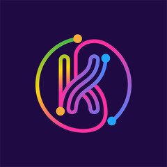 Letter K logo made of circle shape circuit.