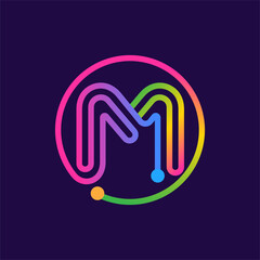 Letter M logo made of circle shape circuit.