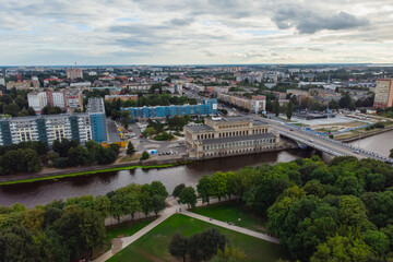 Fototapeta na wymiar Aerial view of a Kaliningrad, former Koenigsberg, Kaliningrad Oblast, Russia, with Fishermen Village and Konigsberg Cathedral