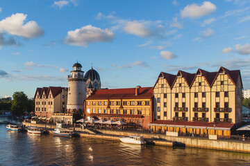 Naklejka premium Aerial view of a Kaliningrad, former Koenigsberg, Kaliningrad Oblast, Russia, with Fishermen Village and Konigsberg Cathedral