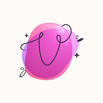 V letter logo on colorful fluid watercolor abstract shape background.