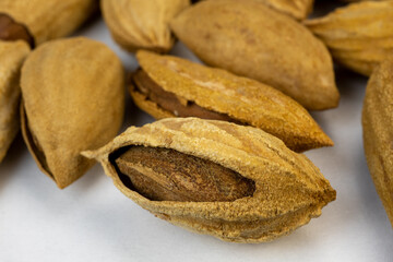 Almond with peel on a rustic wooden table.