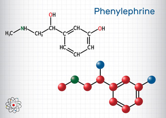 Phenylephrine molecule. It is nasal decongestant with potent vasoconstrictor property. Structural chemical formula and molecule model. Sheet of paper in a cage.