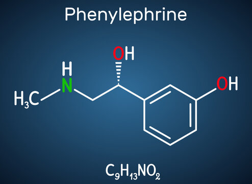 Phenylephrine molecule. It is nasal decongestant with potent vasoconstrictor property. Structural chemical formula on the dark blue background