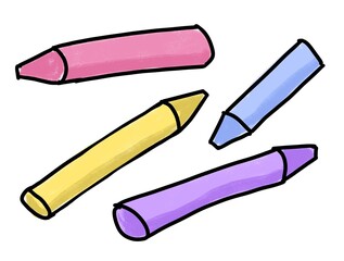 Four multicolour crayons isolated on a white background. Pink, yellow, blue and purple. Simple style hand drawn illustration.