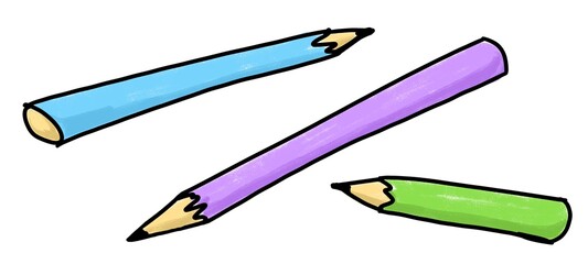 Simple style hand drawn illustration of multicolour pencils isolated on a white background. Blue, purple and green. 