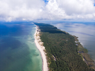 Beautiful aerial drone wide view of Curonian spit, Kurshskaya Kosa National Park, Curonian Lagoon and the Baltic Sea,  Kaliningrad Oblast, Russia and Klaipeda County, Lithuania, summer sunny day