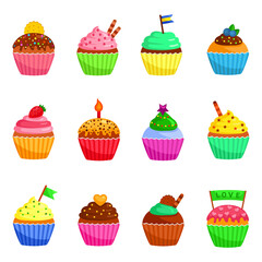 Cupcakes icons set. Muffins decorated with cookie, sprinkles,, flag, berries, candle, stars.