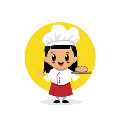 Cute bakery chef girl mascot and logo design isolated on white background