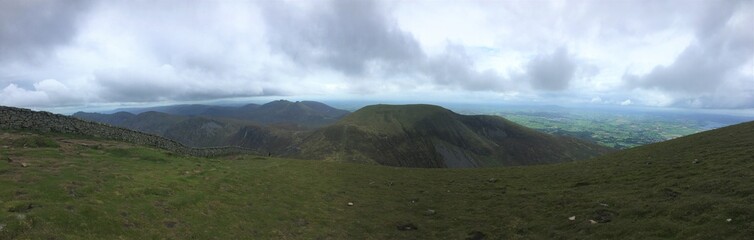 Panorama taken from the peak of Slieve Donard, looking down on the rest of the Mourne mountains. Northern Ireland