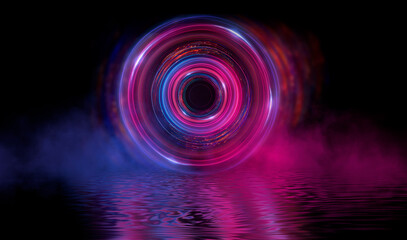 Neon multicolored circle on a black background. Reflection of neon light in water. Night view, circle, bright light figure in the center, smoke. 3D illustration.