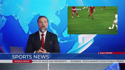 Live News Studio with Male Anchor Reporting Sports News on Soccer Game Score, Video Story Show Montage of Highlights of Two Teams Playing Football, Scoring Beautiful Goal. Mock-up TV Channel Newsroom  - Powered by Adobe